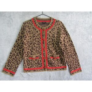 J Crew Leopard Print Cardigan Sweater Red Trim Buttons Merino Wool M